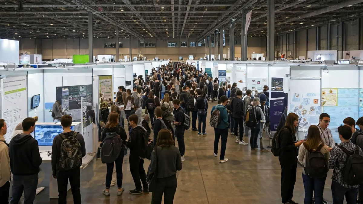 Jóvenes emprendedores presentando proyectos en una feria de innovación.