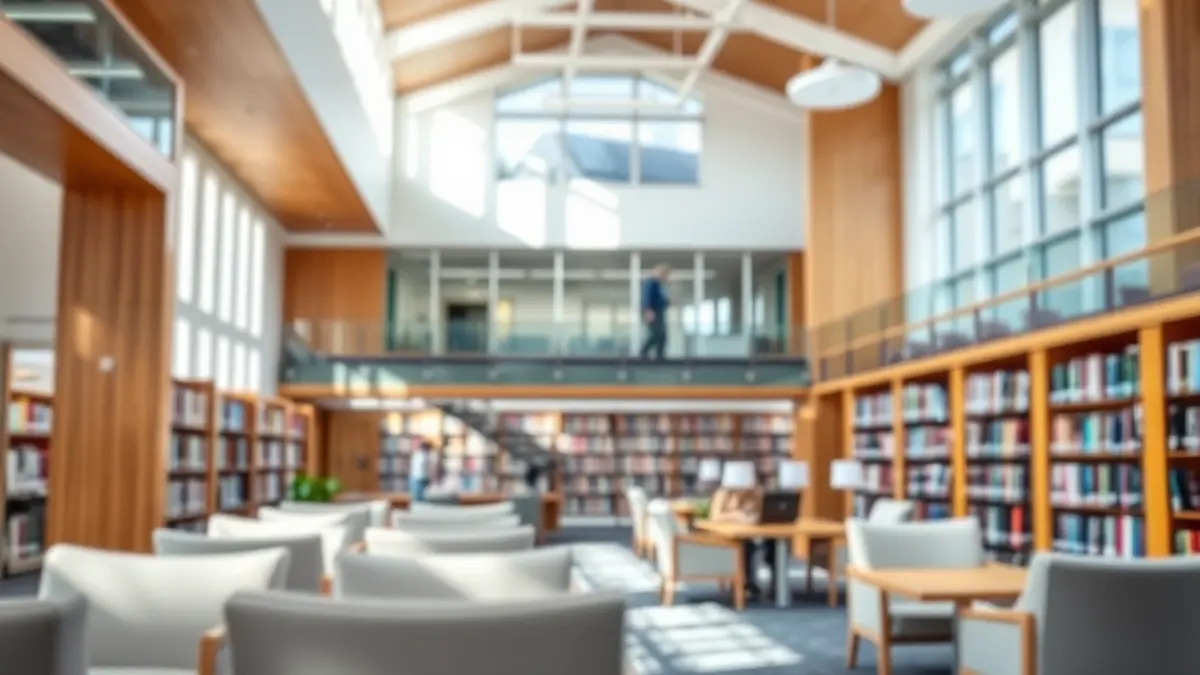 Generic image of a modern library with natural light and spacious areas.