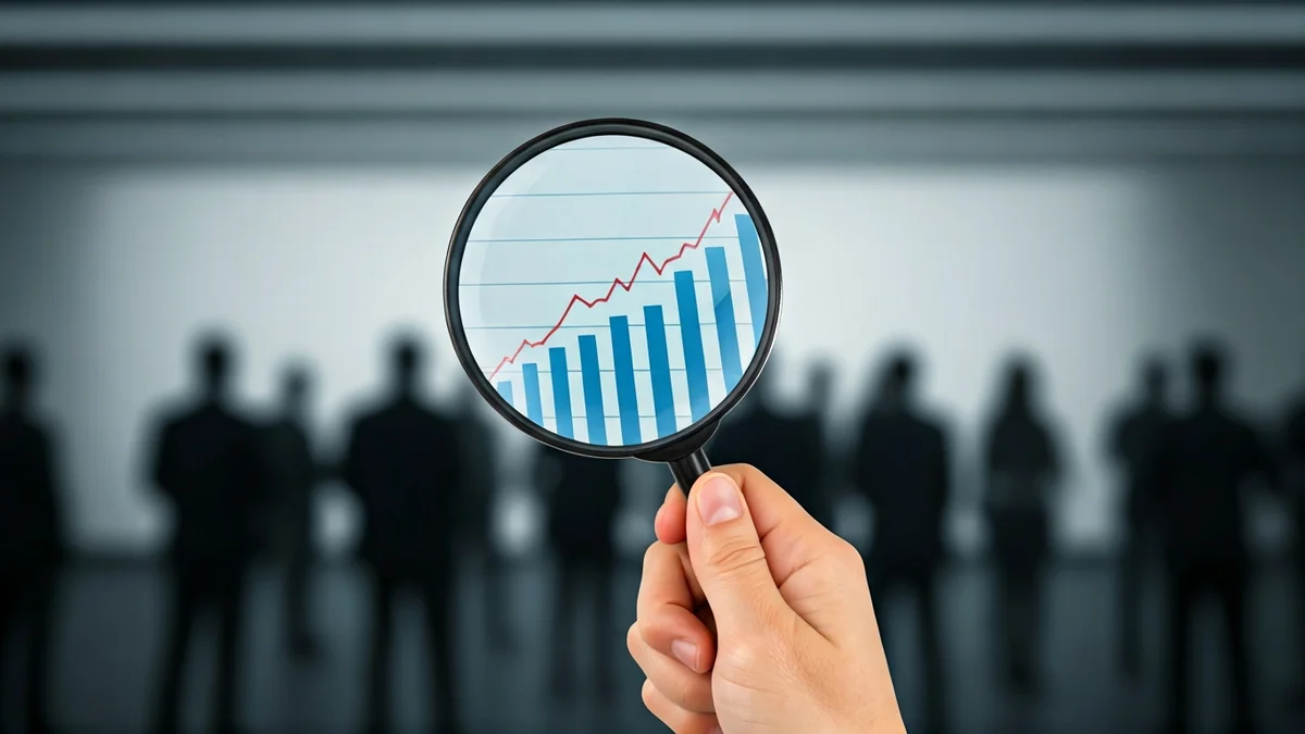 Generic image of a hand with a magnifying glass analyzing an economic chart.