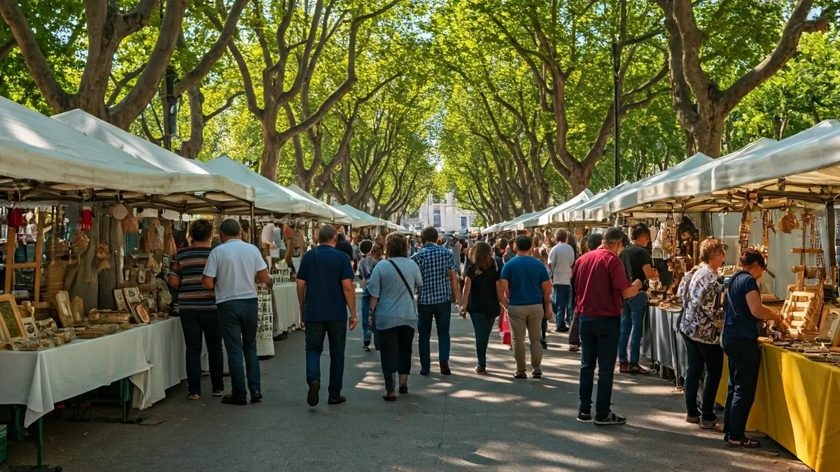 Imagen de un mercado al aire libre con puestos de artesanía y comida ecológica en un parque.
