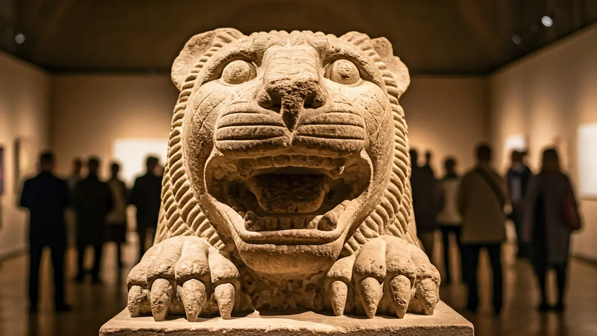 Escultura íbera de una leona con fauces abiertas, en un museo.