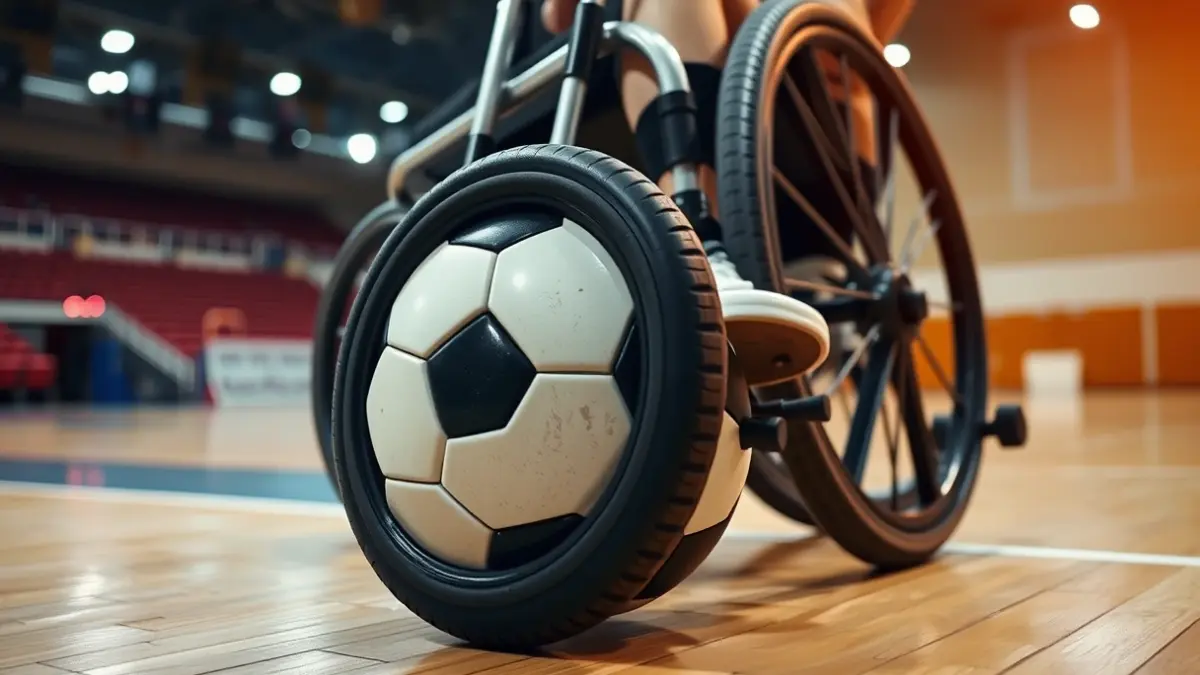 Generic image of a powerchair football ball on a court, with the wheelchair footrest visible.