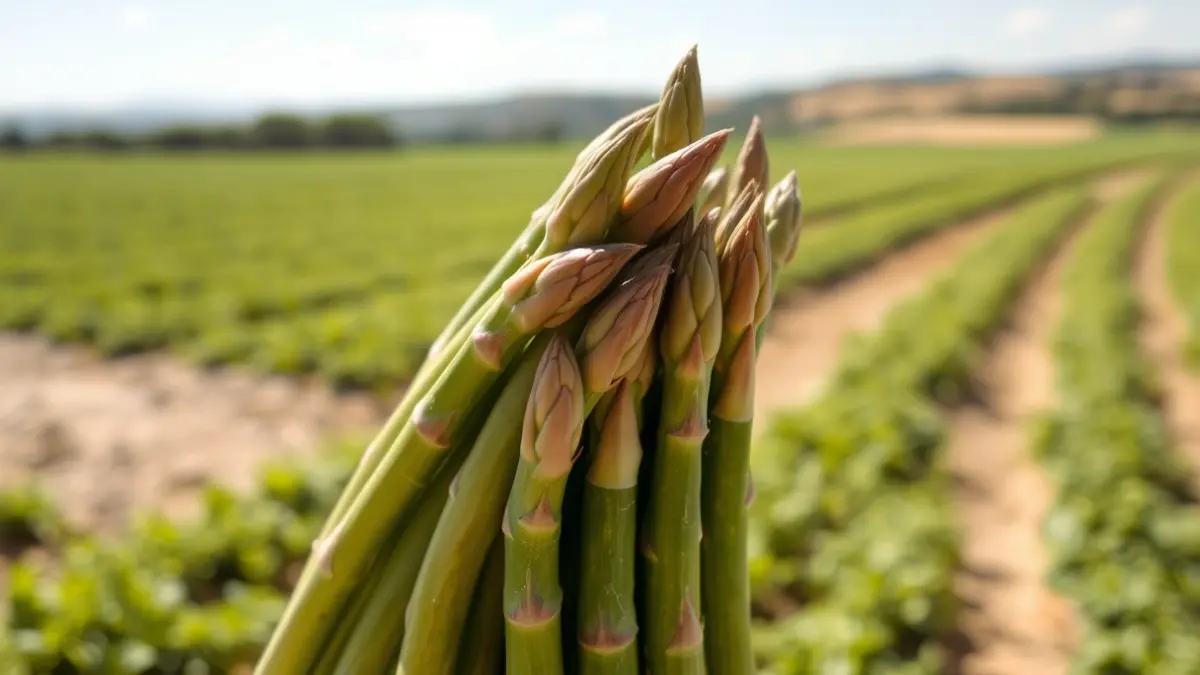 Generic image of fresh green asparagus, with a blurred cultivation field in the background.