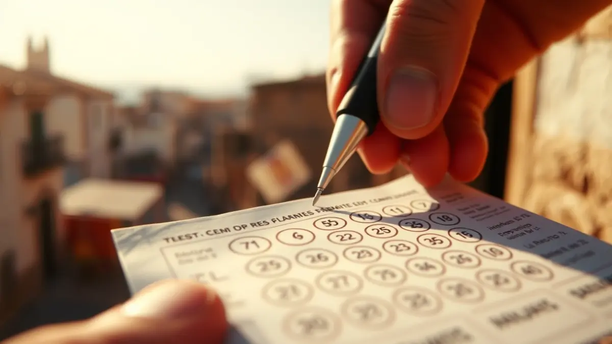 Generic image of a lottery ticket with blurred numbers and a hand holding a pen.