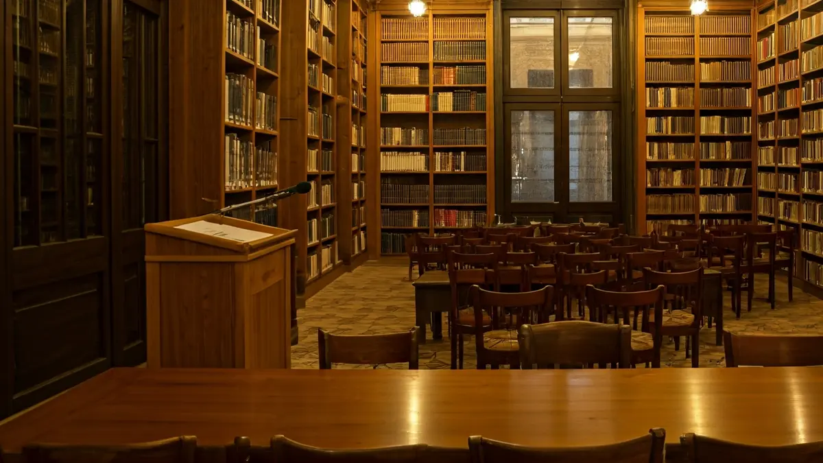 Imagen genérica de un interior de biblioteca o sala de conciertos con iluminación cálida y un podio.