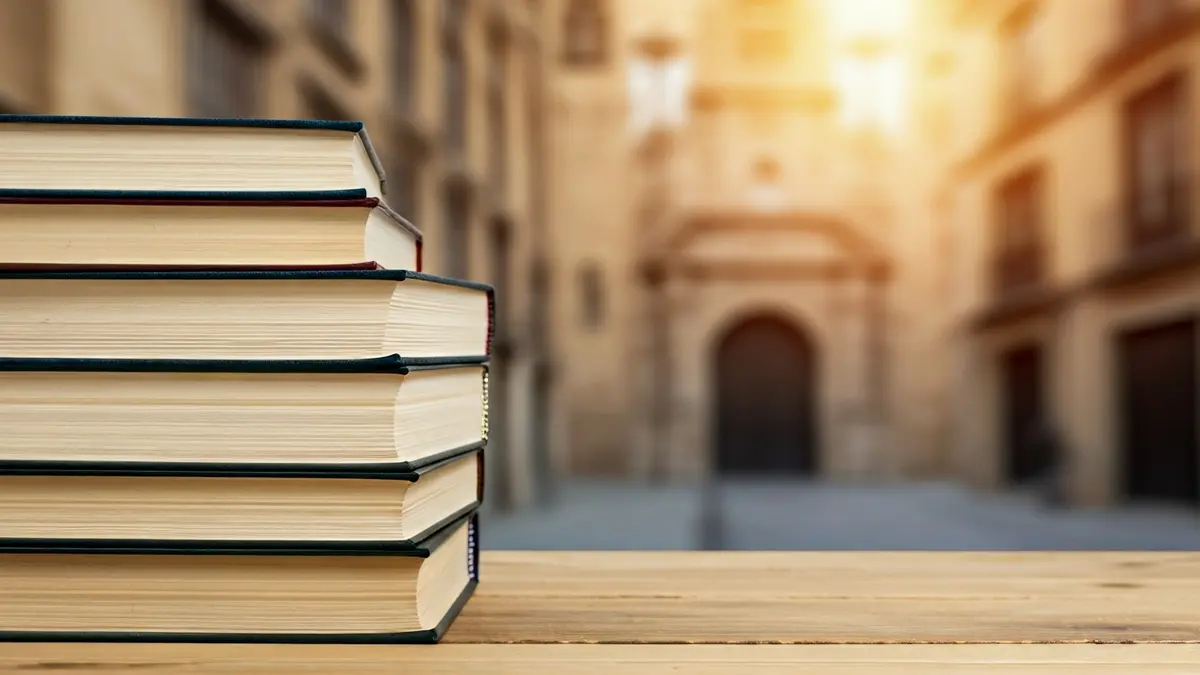 Imagen de libros antiguos y un ambiente de lectura, con un fondo que sugiere la arquitectura de Granada.