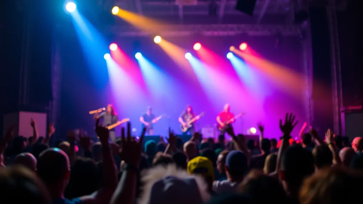 Imagen genérica de un concierto de rock con luces dinámicas y público animado.