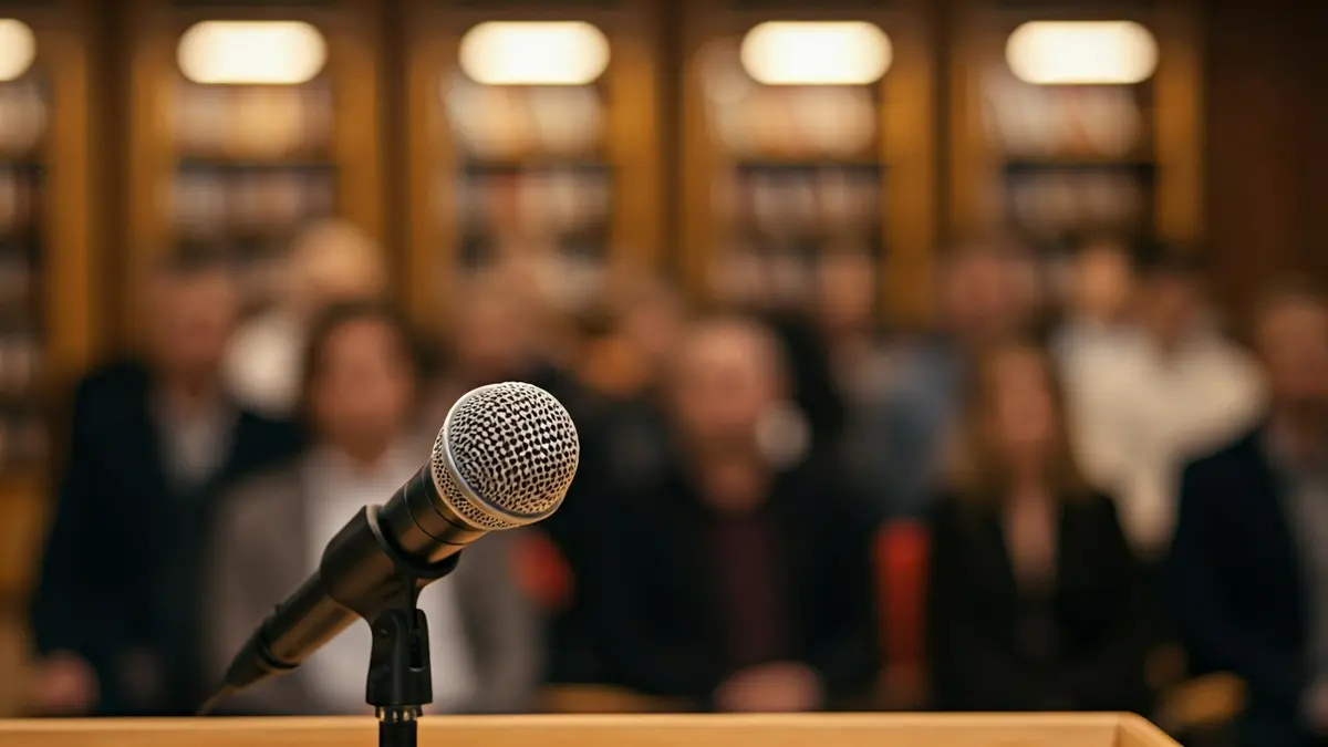 Generic image of a microphone on a podium in a library, symbolizing a literary event.
