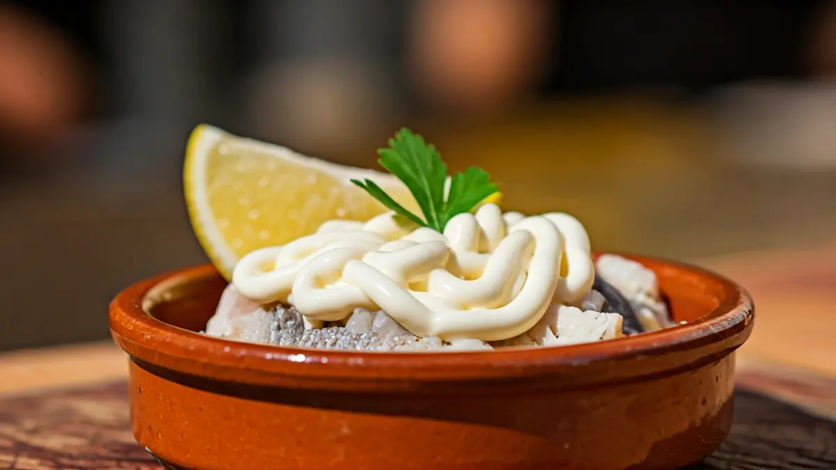 Plato de gazpachuelo con pescado fresco y mayonesa cremosa en un chiringuito.