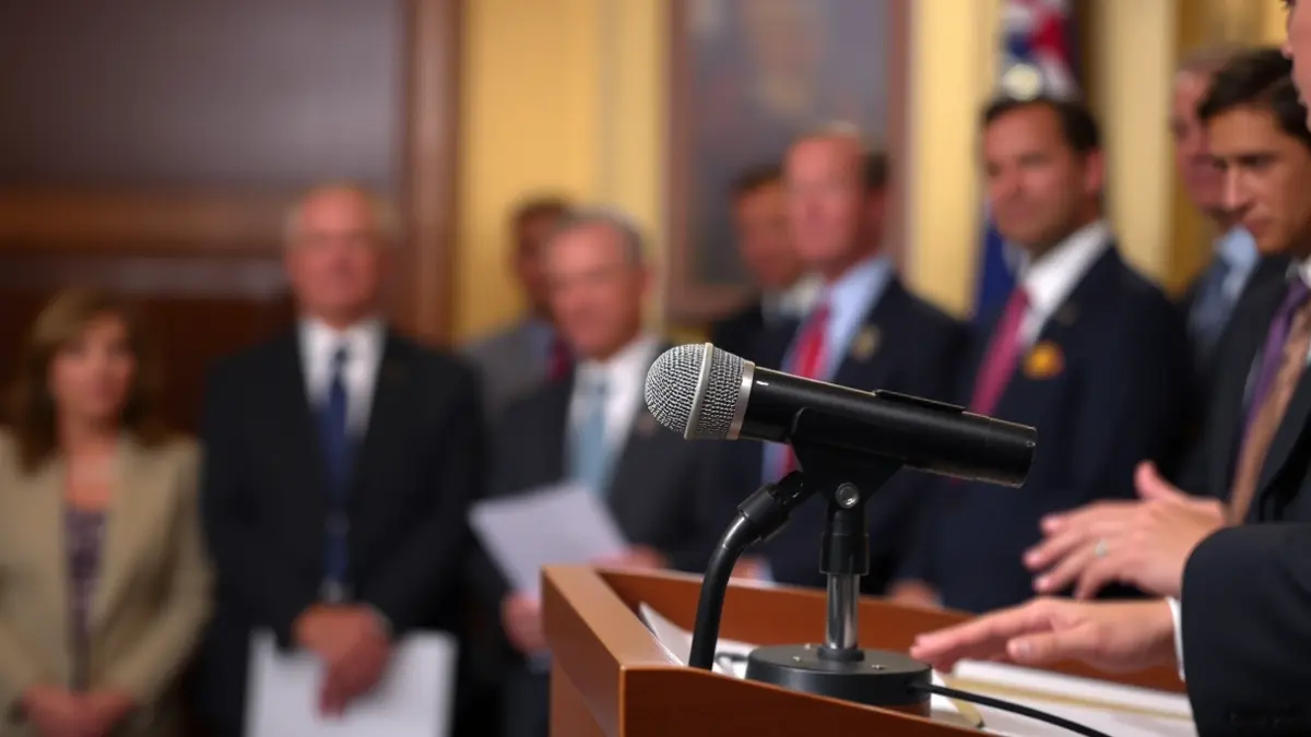 Generic image of a microphone on a podium, symbolizing a political event or press conference.