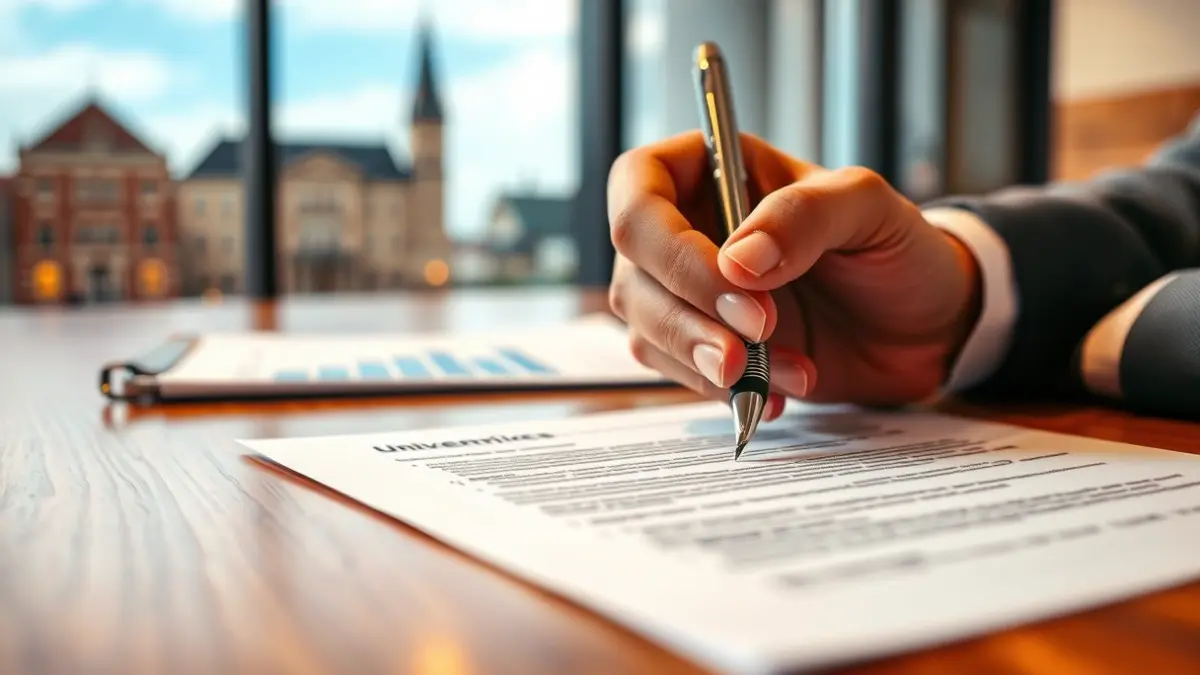 Imagen genérica de una mano firmando un documento, simbolizando acuerdos de financiación universitaria.