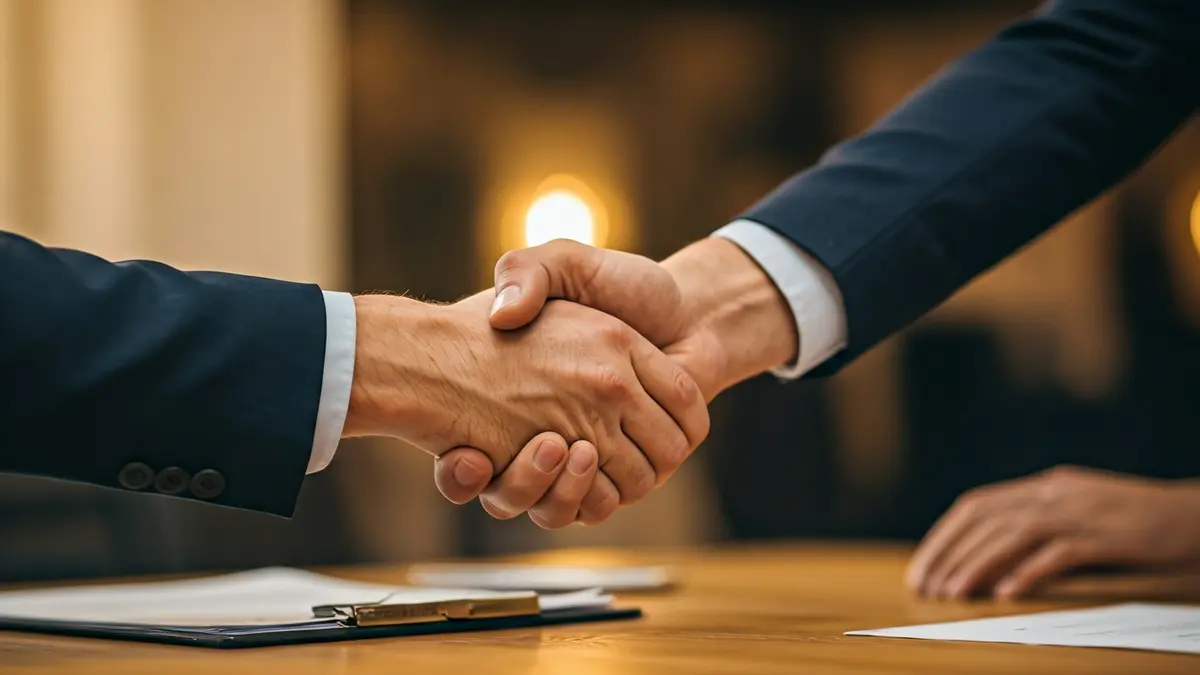 Imagen genérica de dos manos estrechándose sobre un escritorio, simbolizando un acuerdo o negociación.
