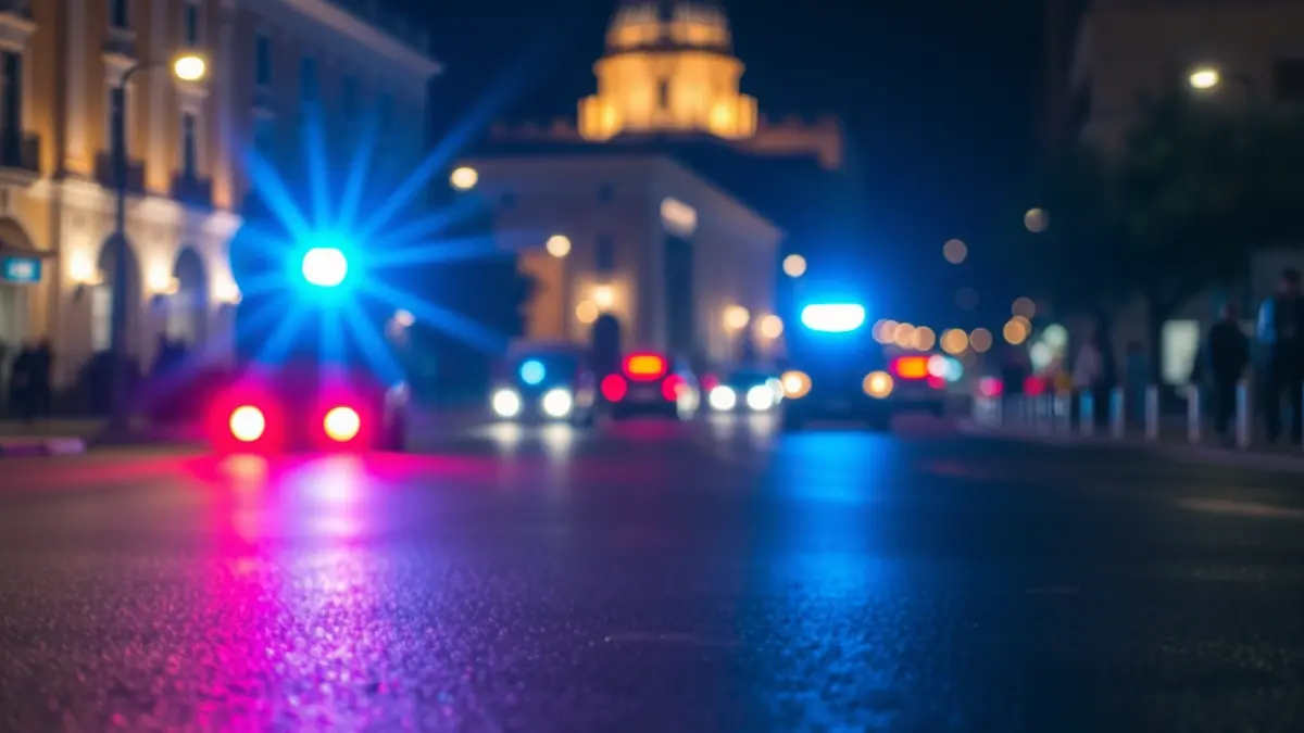 Imagen genérica de luces de emergencia policiales reflejadas en el asfalto mojado durante la noche.