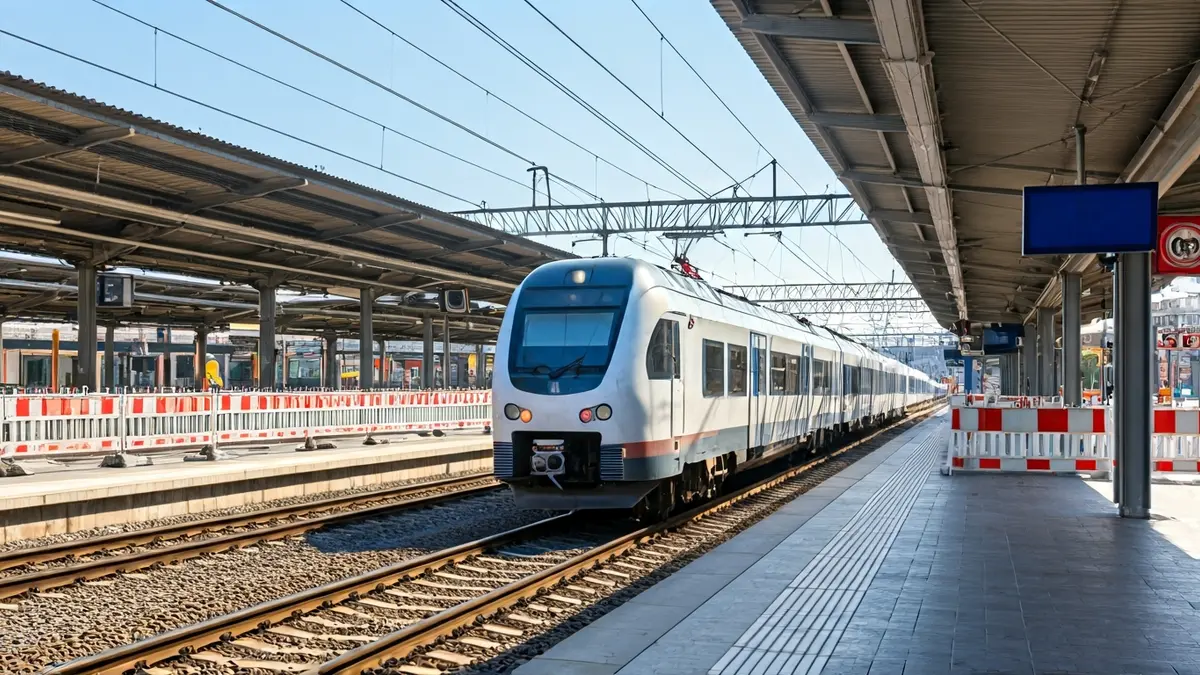 Imagen de una estación de tren con obras y señalización de transporte alternativo.