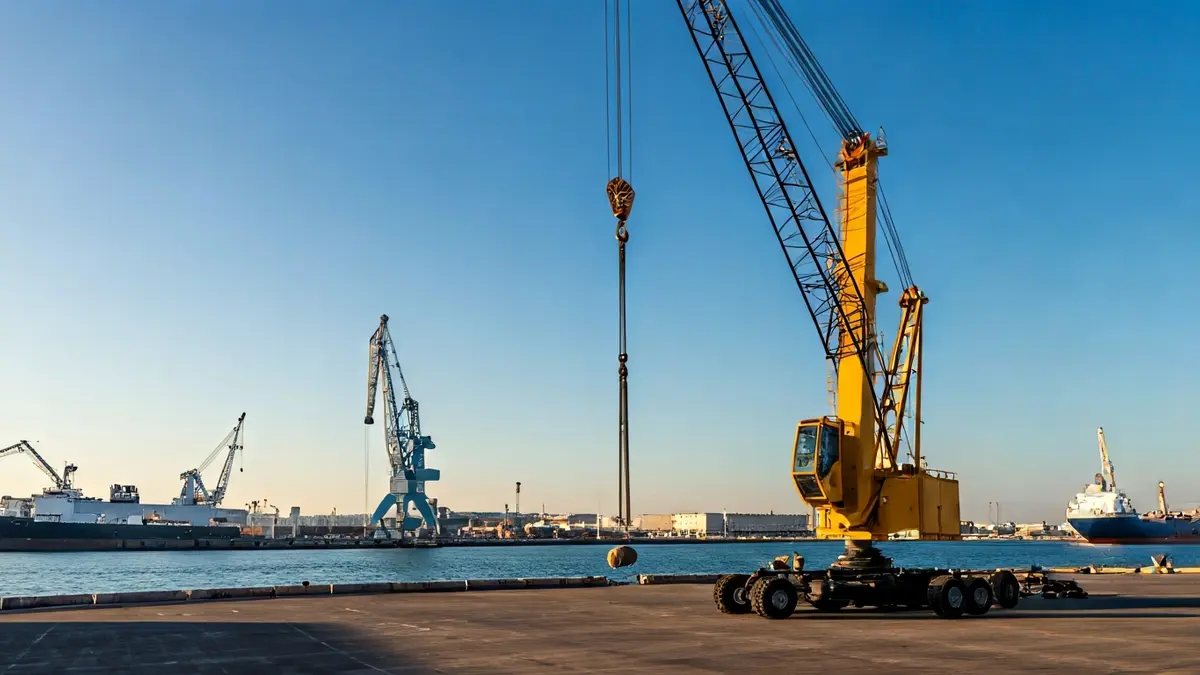 Grúa de gran altura en un astillero de San Fernando, Cádiz, con un fondo industrial borroso.