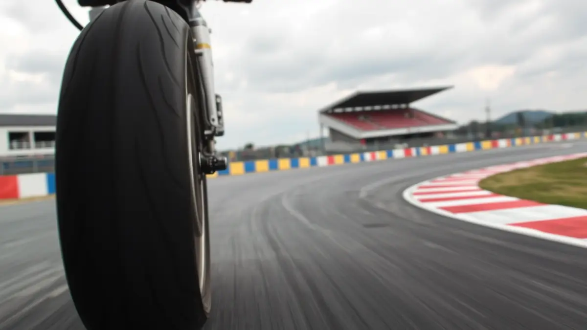 Generic image of a motorcycle wheel on a race track.