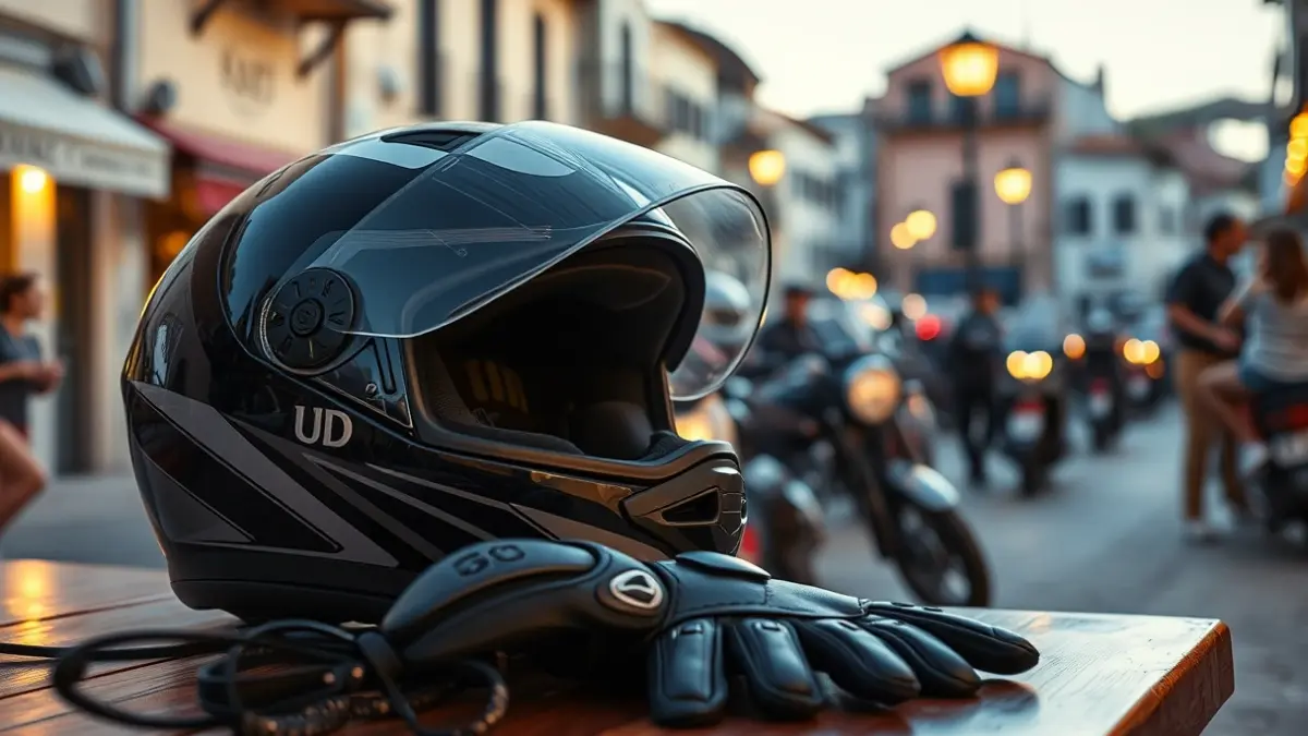 Image of a motorcycle helmet and gloves on a table, with a busy street in the background.