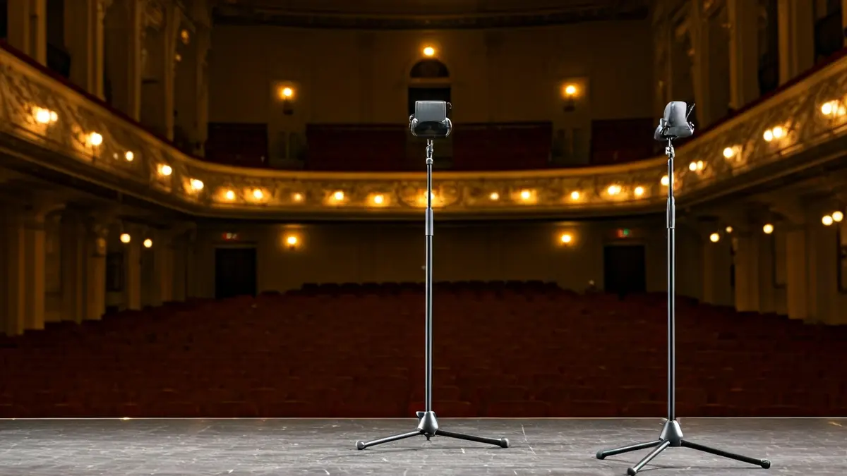 Generic image of a theater stage with a microphone and empty seats.