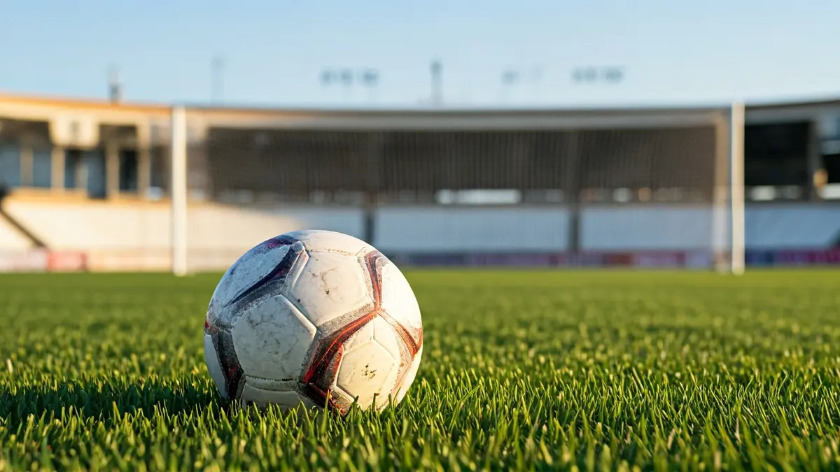 Generic image of a soccer ball on a stadium pitch, with the goal in the background.
