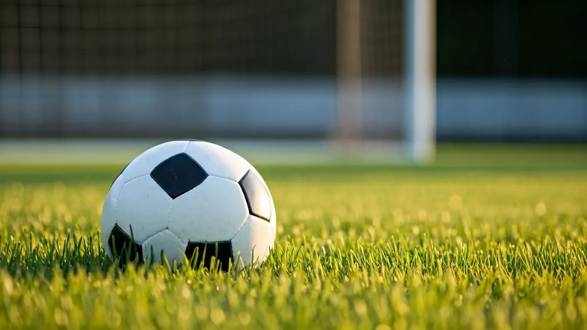 Imagen genérica de un balón de fútbol en el césped de un campo, con la portería desenfocada al fondo.