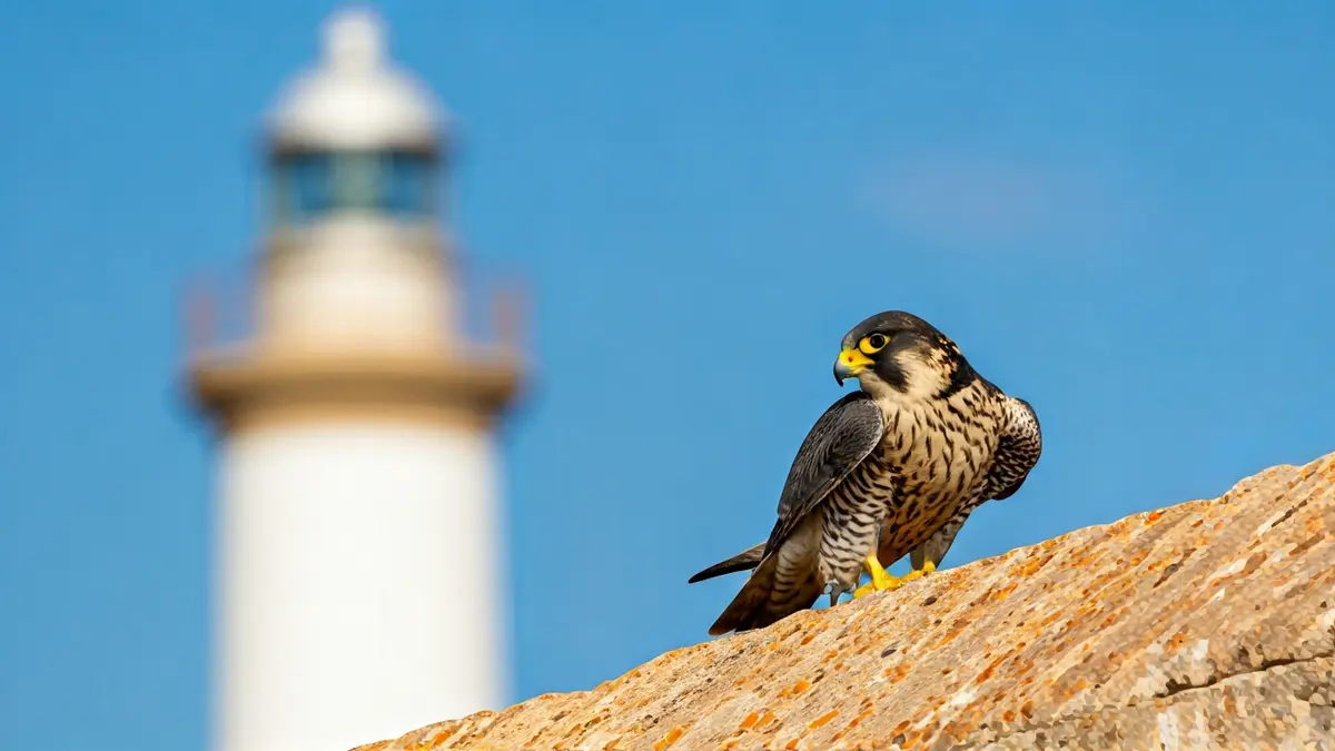 Halcón peregrino posado en una estructura alta con un faro al fondo.