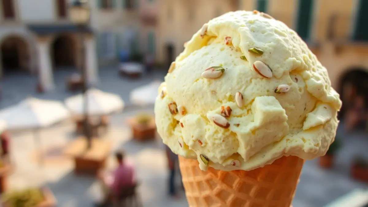 Imagen de un helado artesanal de pistacho y almendra, con un fondo desenfocado de un pueblo mediterráneo.