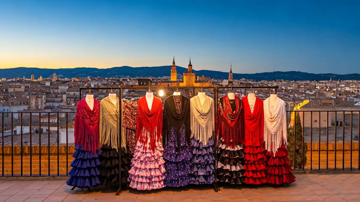 Puesto de mercado con moda flamenca en una terraza con vistas a la Mezquita-Catedral de Córdoba.