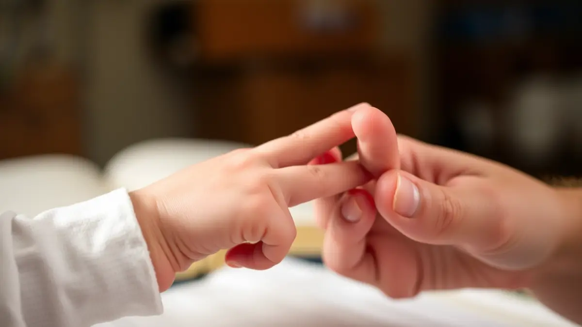Imagen genérica de la mano de un bebé prematuro sosteniendo el dedo de un adulto, con un libro borroso de fondo.