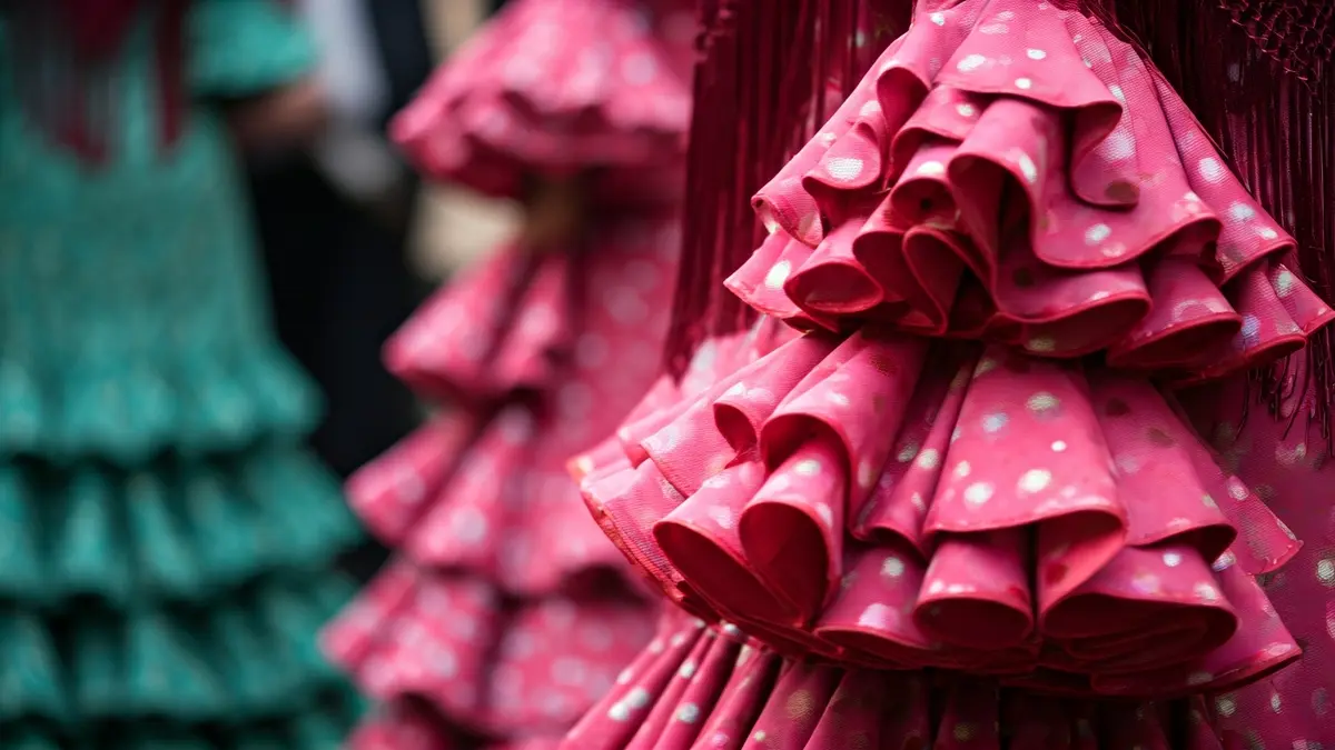 Imagen genérica de un traje de flamenca con detalles de bordados y volantes.