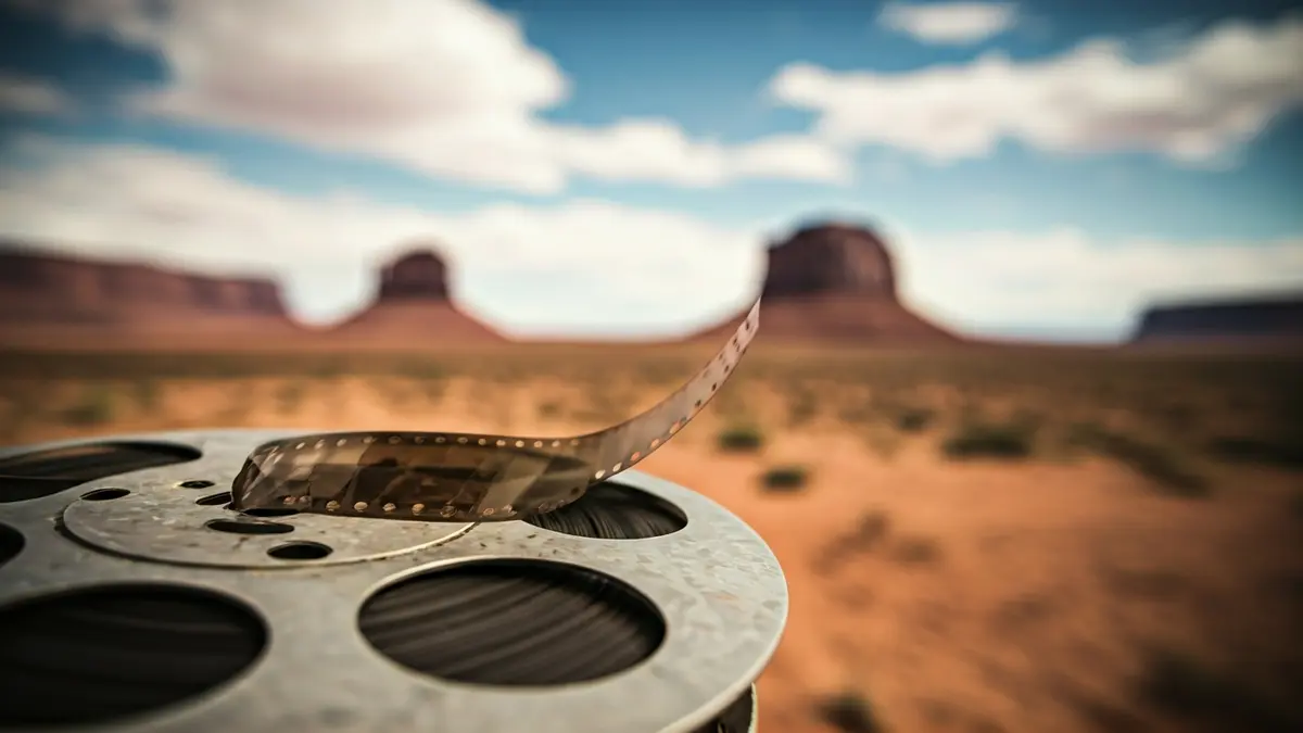 Imagen genérica de un carrete de película antigua con un paisaje desértico de fondo.