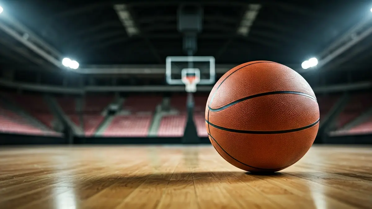 Imagen genérica de un balón de baloncesto en una cancha, con el estadio de fondo.