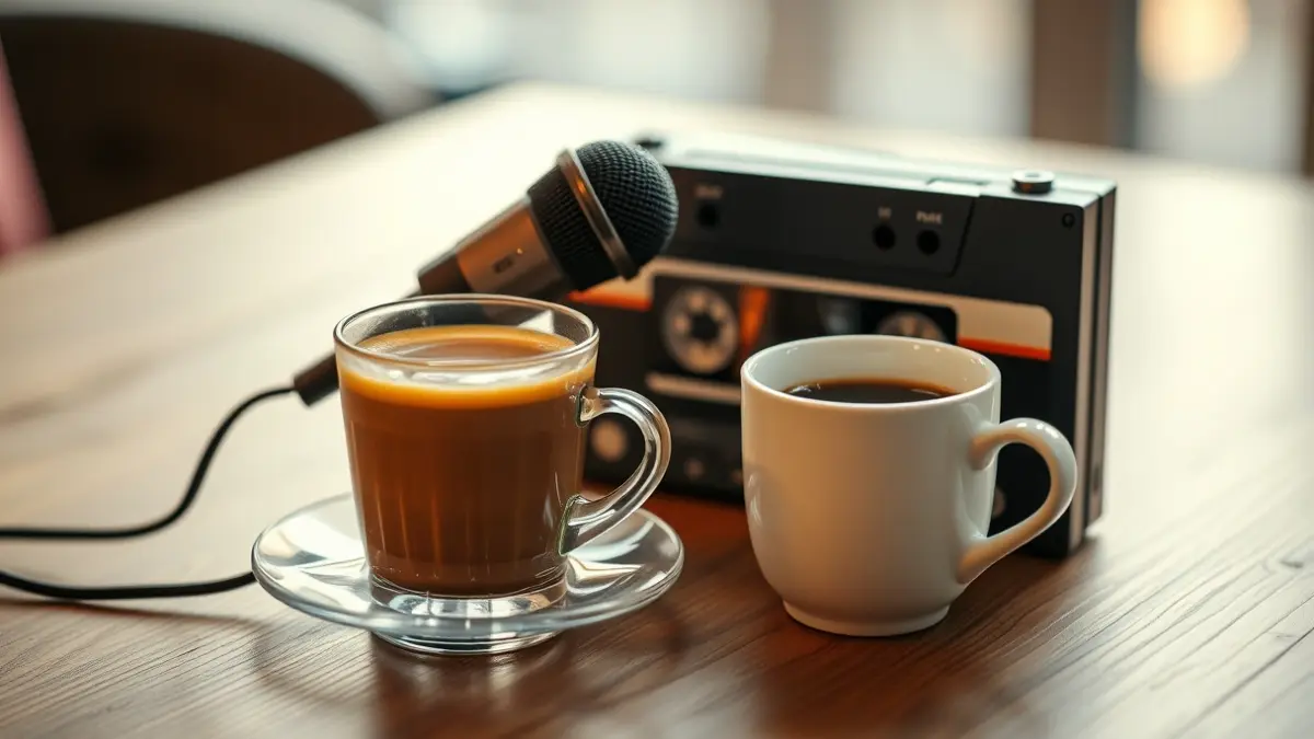 Imagen de un reproductor de casetes y una taza de café, evocando recuerdos de entrevistas y conversaciones.