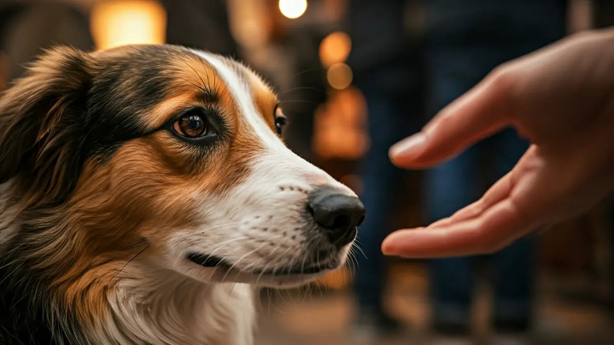 Un perro mestizo con expresión ansiosa, mirando una mano humana en un ambiente cálido.