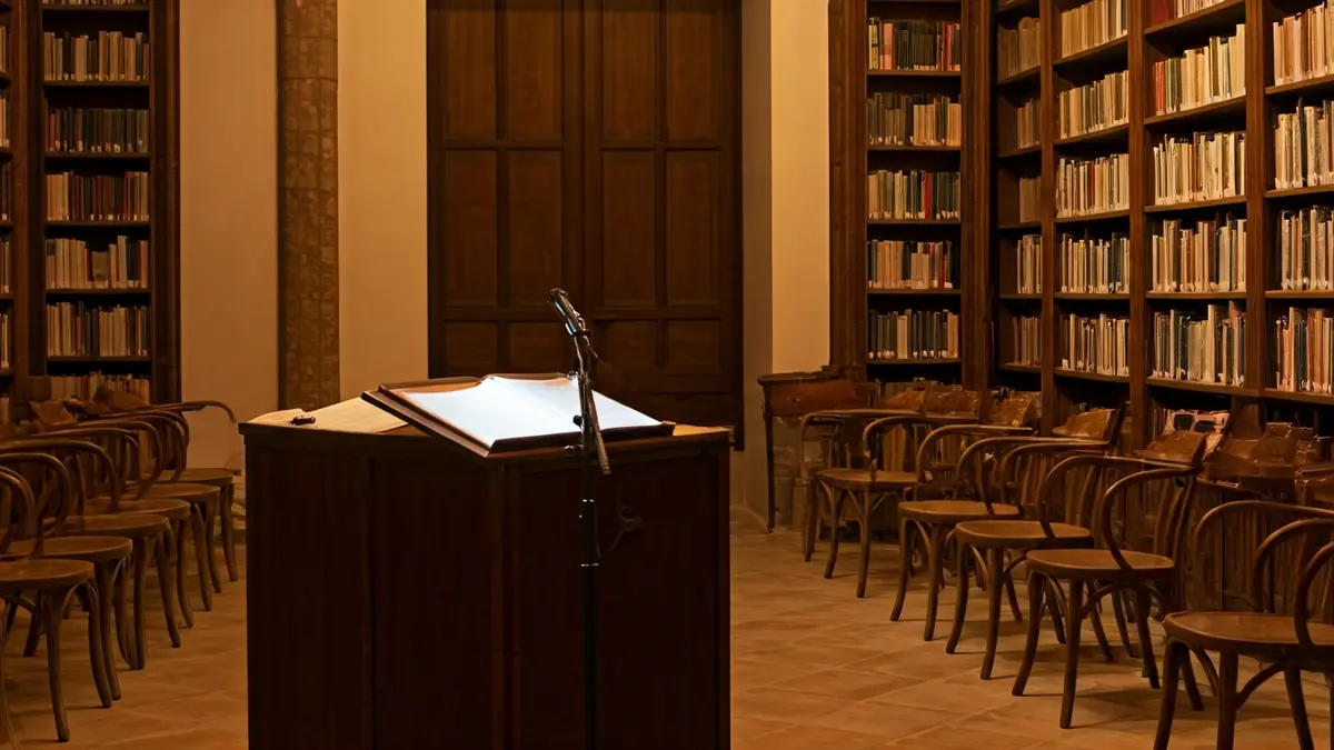 Generic image of a library interior with wooden bookshelves and a podium with a microphone, evoking a reading and oratory atmosphere.