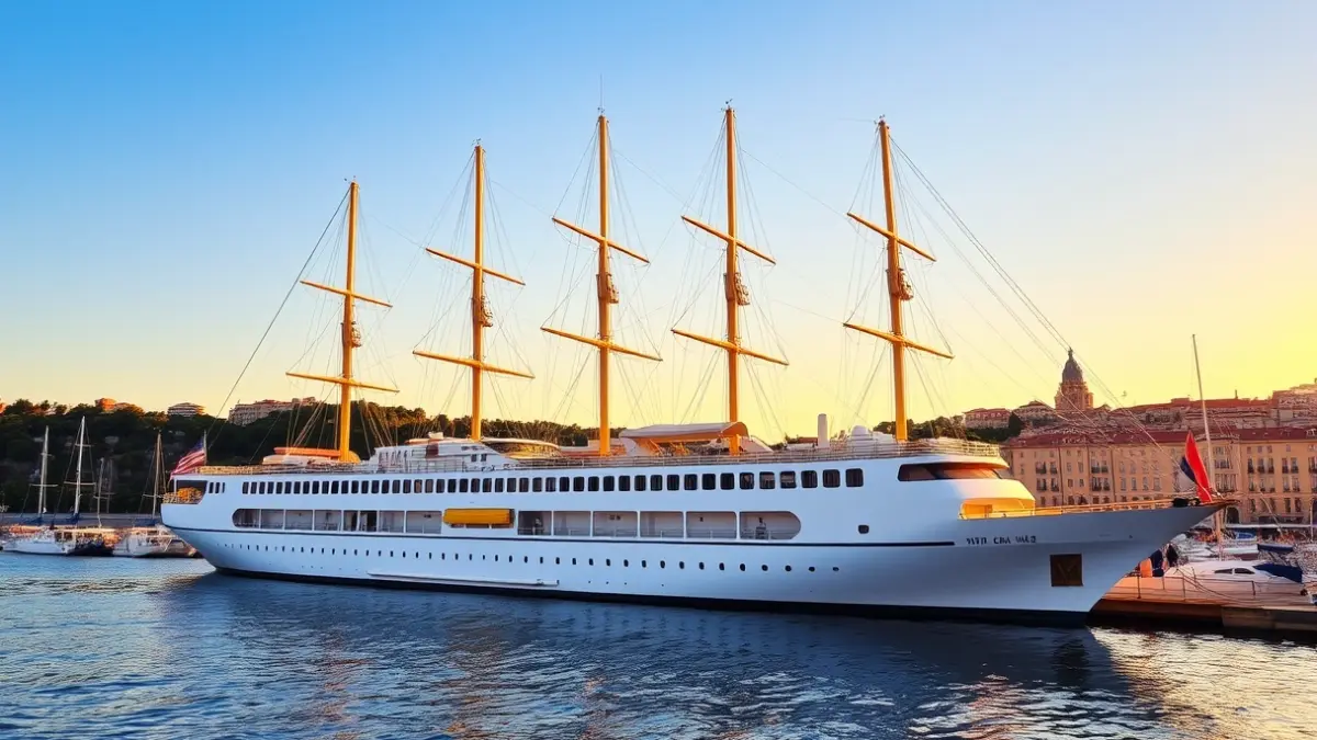 Image of a luxury sailing cruise ship docked in a Mediterranean port at sunset.