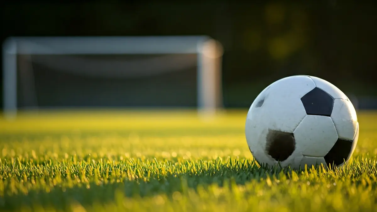 Imagen genérica de un balón de fútbol sobre el césped de un campo, con la portería desenfocada al fondo.