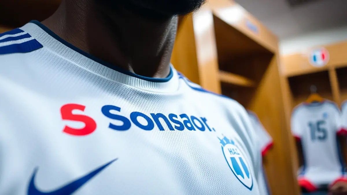 Soccer jersey with a blurred sponsor logo in a locker room.