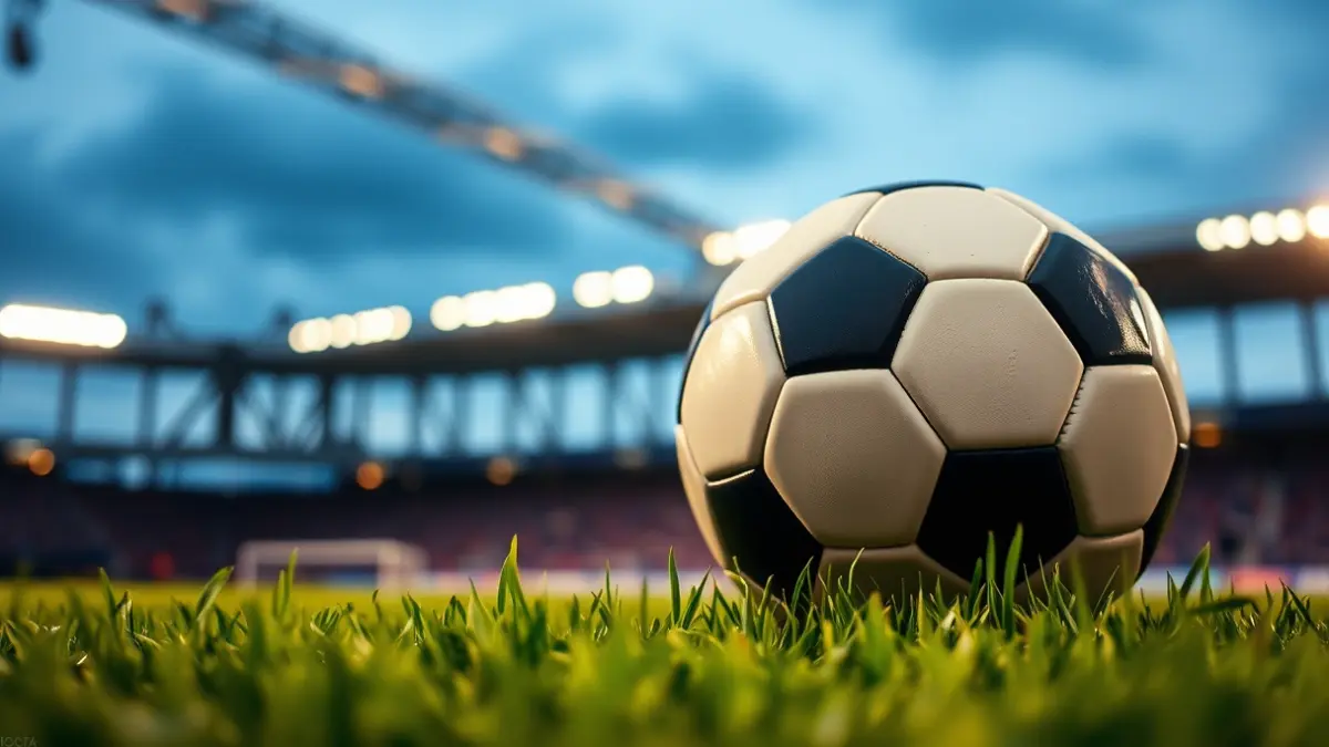 Generic image of a soccer ball on a stadium pitch.