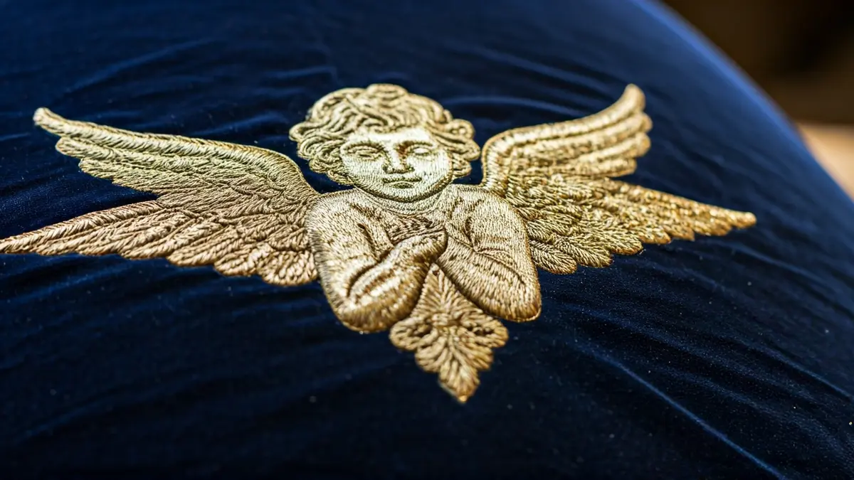 Detail of the processional mantle of Our Lady Queen of Angels during restoration, showing gold and silver embroidery on blue velvet.
