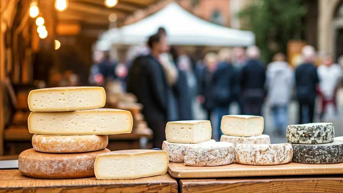 Generic image of a market stall with artisanal cheeses.