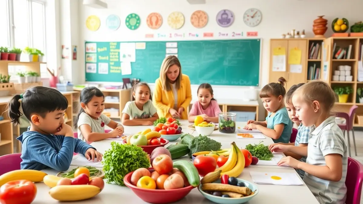 Image of children participating in a healthy eating workshop in a classroom.