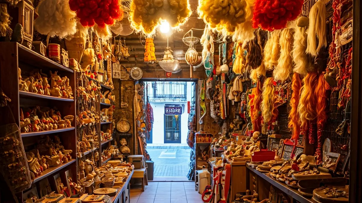 Interior de la tienda 'El Millonario' en Cádiz, con juguetes y artículos de broma antiguos.