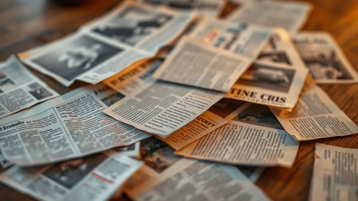 Imagen genérica de recortes de periódicos antiguos sobre una mesa de madera.