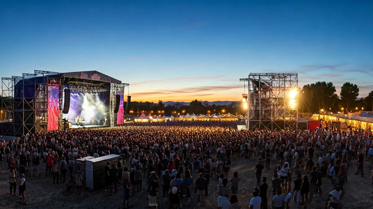Image of an outdoor music festival with illuminated stages and a crowd.