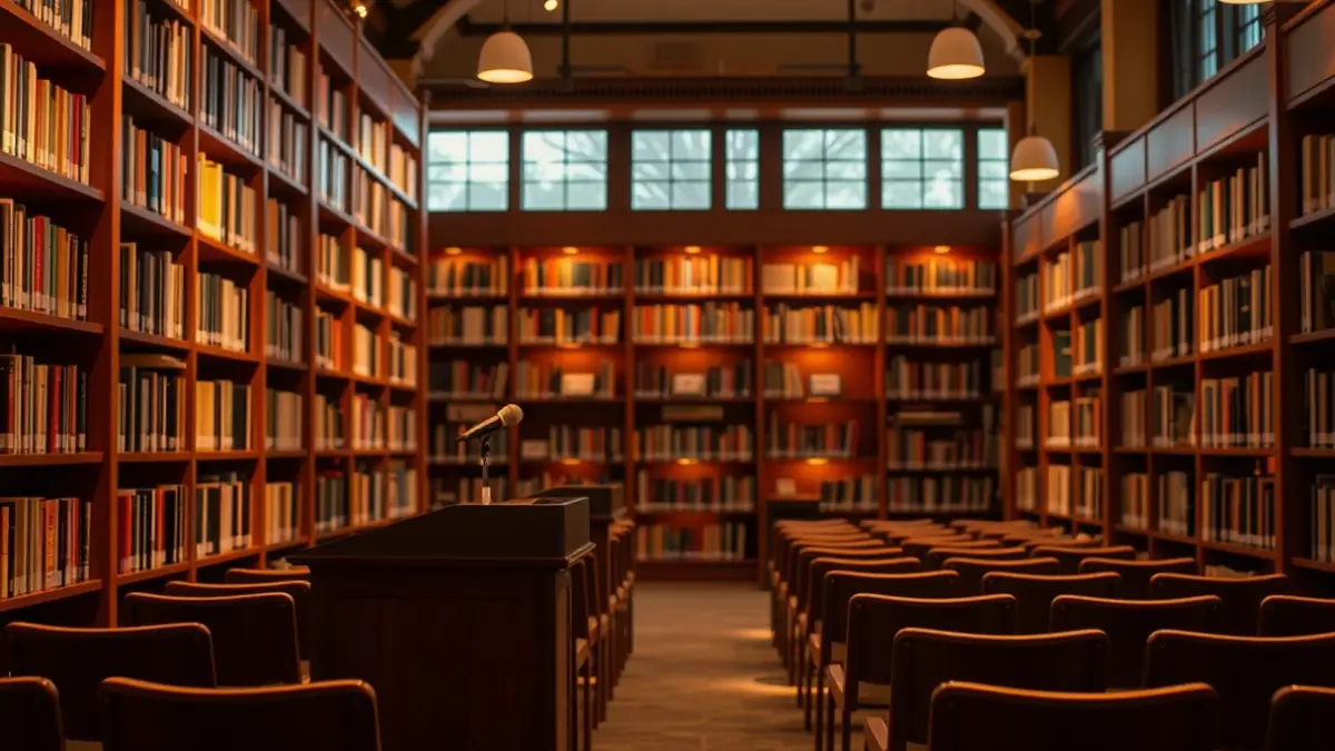 Imagen genérica de un interior de museo o sala de exposiciones con iluminación cálida.
