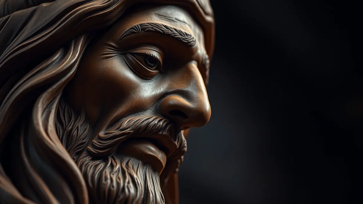 Imagen de una escultura religiosa de madera con detalles intrincados.