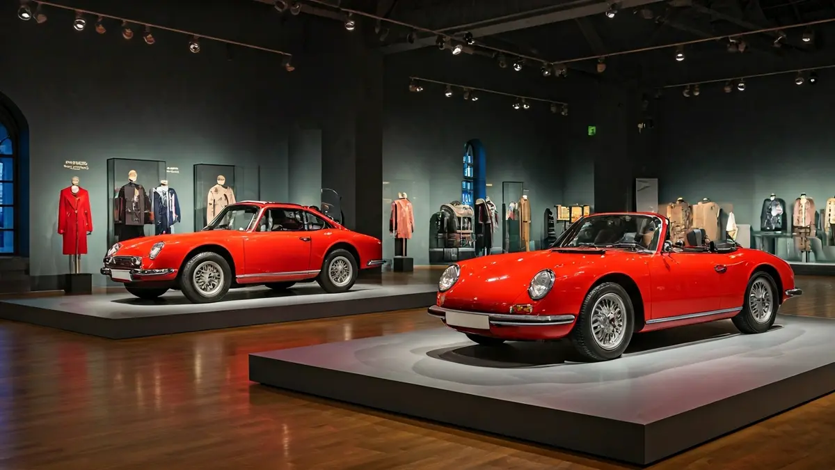 Interior de un museo moderno con exposiciones de moda y diseño automotriz.
