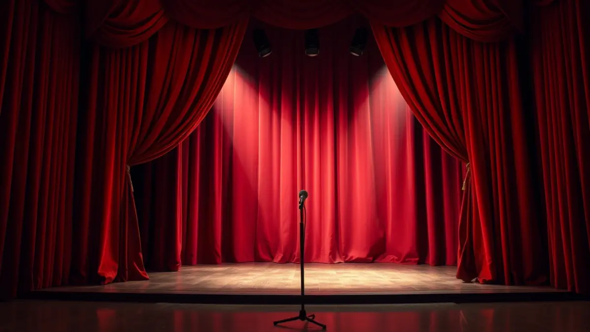 Imagen de un escenario de teatro con cortinas de terciopelo rojo y un foco de luz.