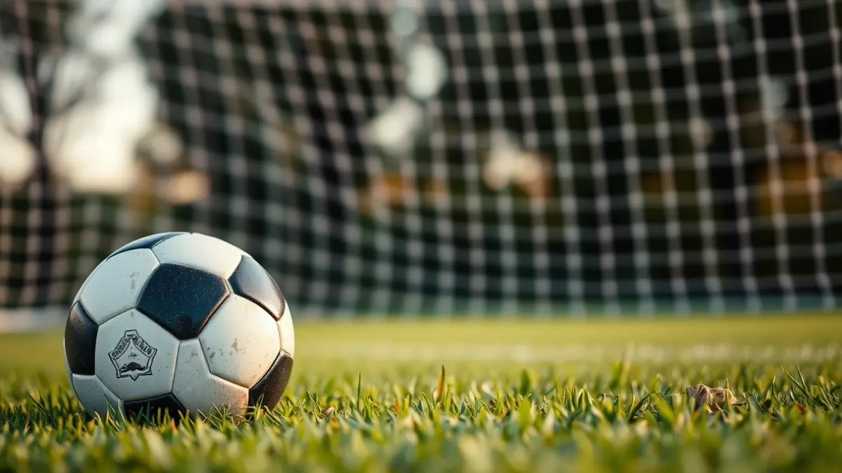 Generic image of a soccer ball on grass, with a blurred goal net in the background.