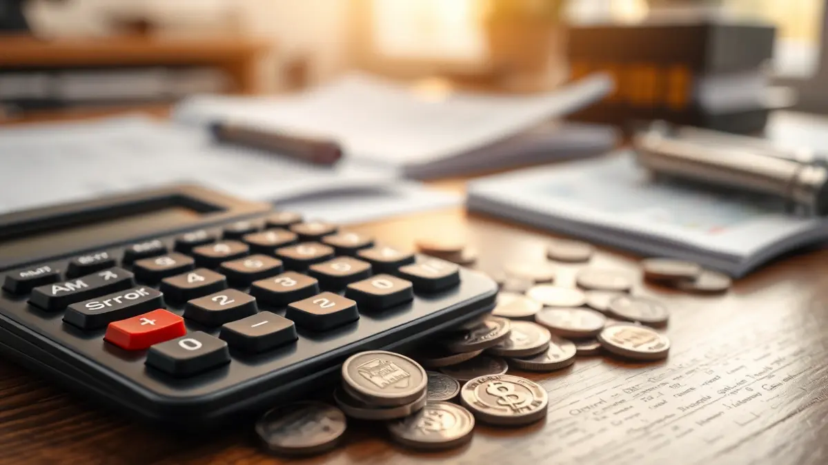 Generic image of a calculator and coins on a desk, symbolizing finance.